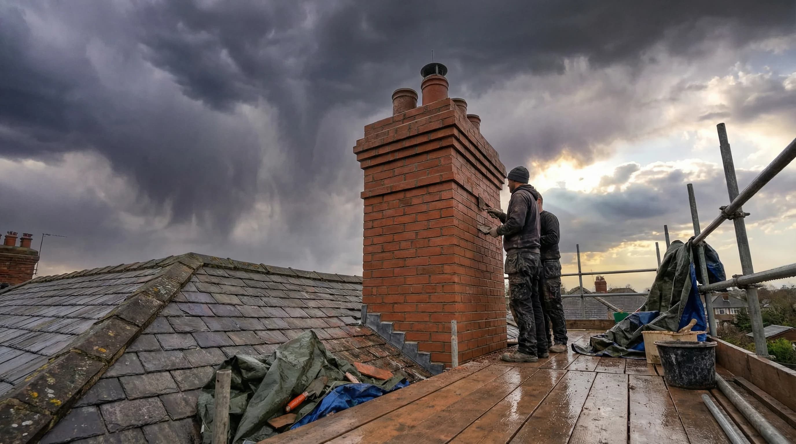 Brick chimney with fresh pointing and lead flashing